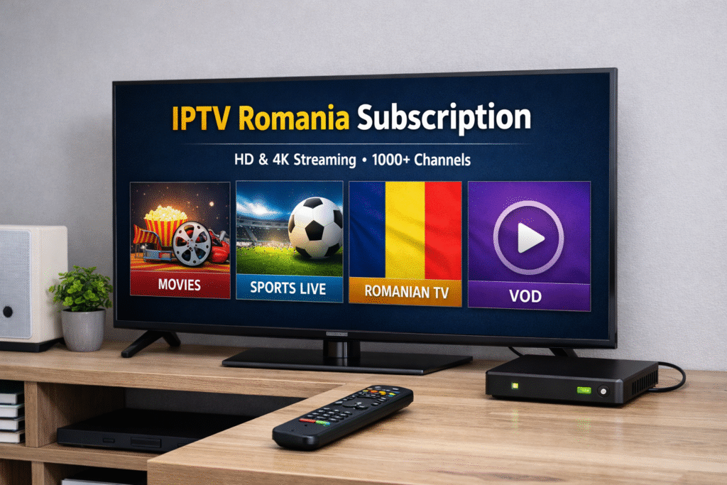 IPTV Romania subscription on Smart TV showing Romanian channels, sports, movies, and VOD in HD and 4K quality