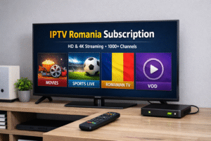 IPTV Romania subscription on Smart TV showing Romanian channels, sports, movies, and VOD in HD and 4K quality
